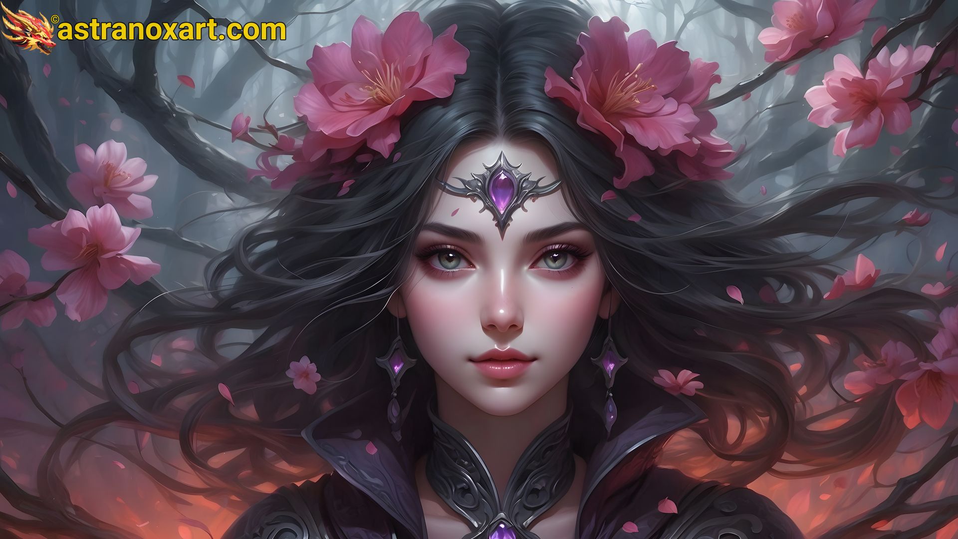 4K Wallpaper: Female sorceress weaves dark magic amidst cherry blossoms in Abyssal Bloom Valley. Astranox Art