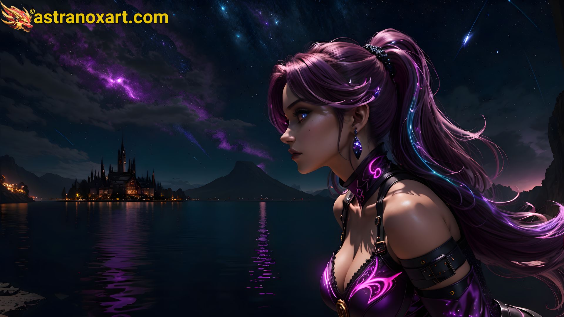 Enchanting female wizard with blue eyes and purple hair by the serene lake at dusk - 4K wallpaper capturing her mystique and magic Astranox Art