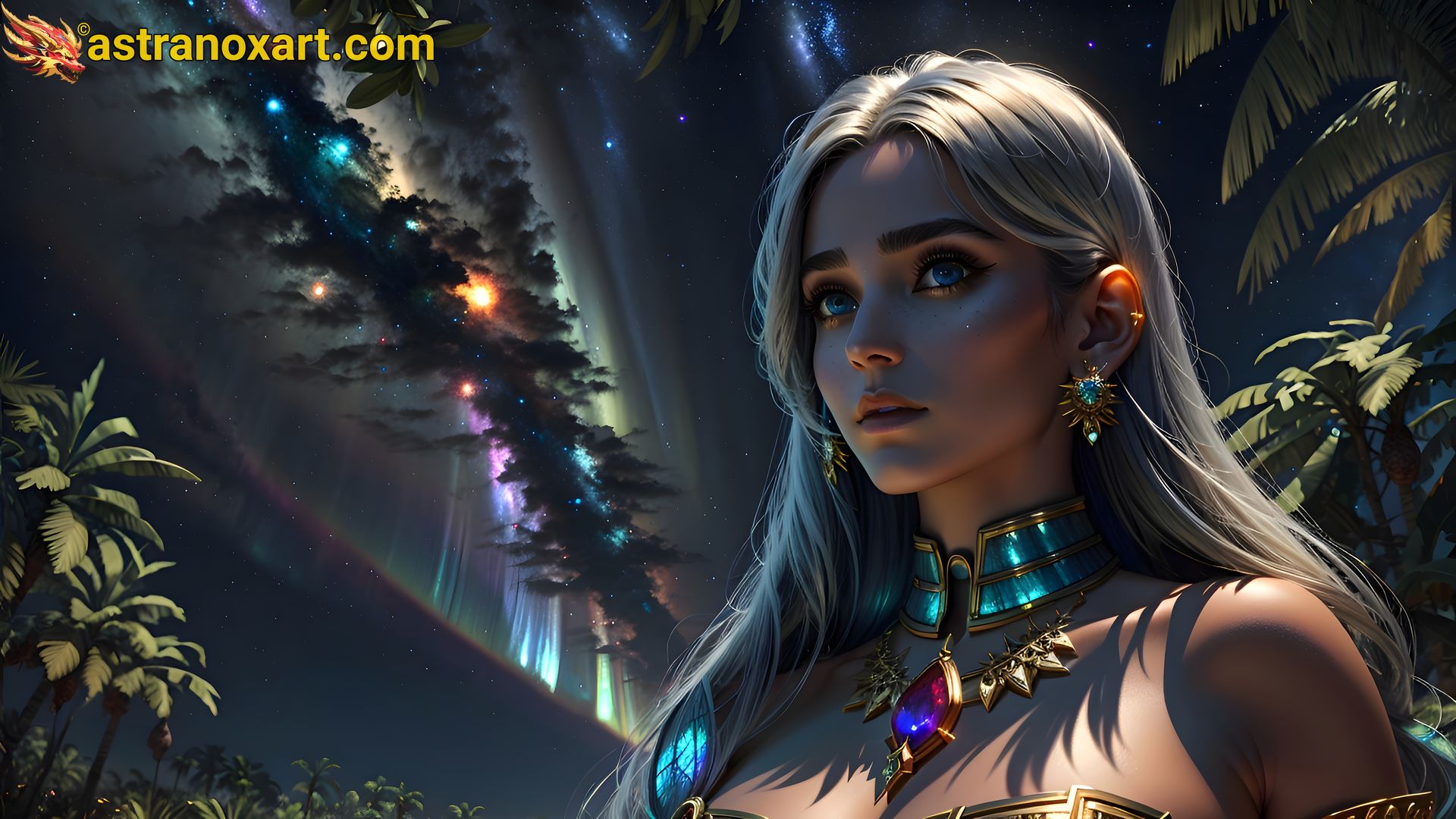 Enchanted female figure with blue eyes and platinum hair in a lush jungle landscape at dusk - 4K wallpaper blending nature and fantasy Astranox Art