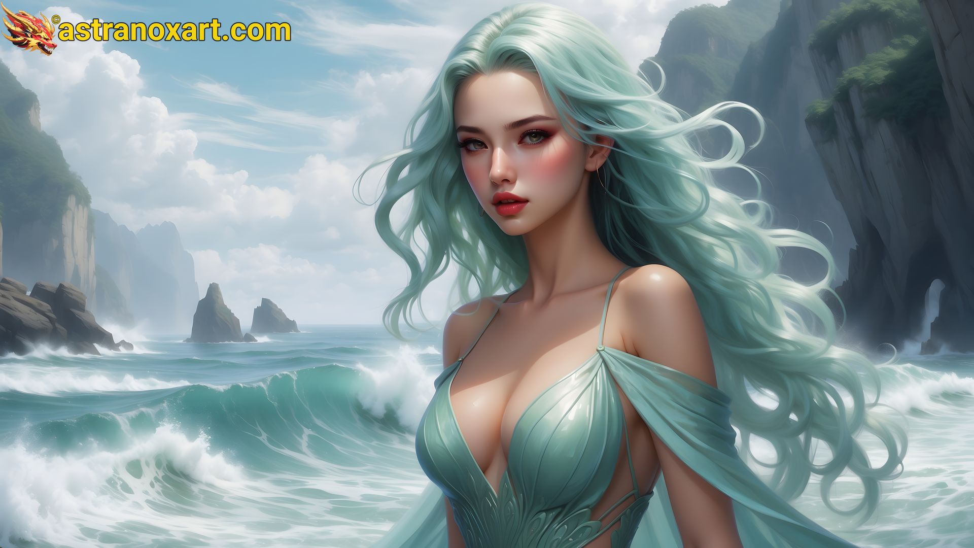 A seafoam-haired sorceress casts dark magic amidst the misty glow of a coastline in this 4K wallpaper. Astranox Art