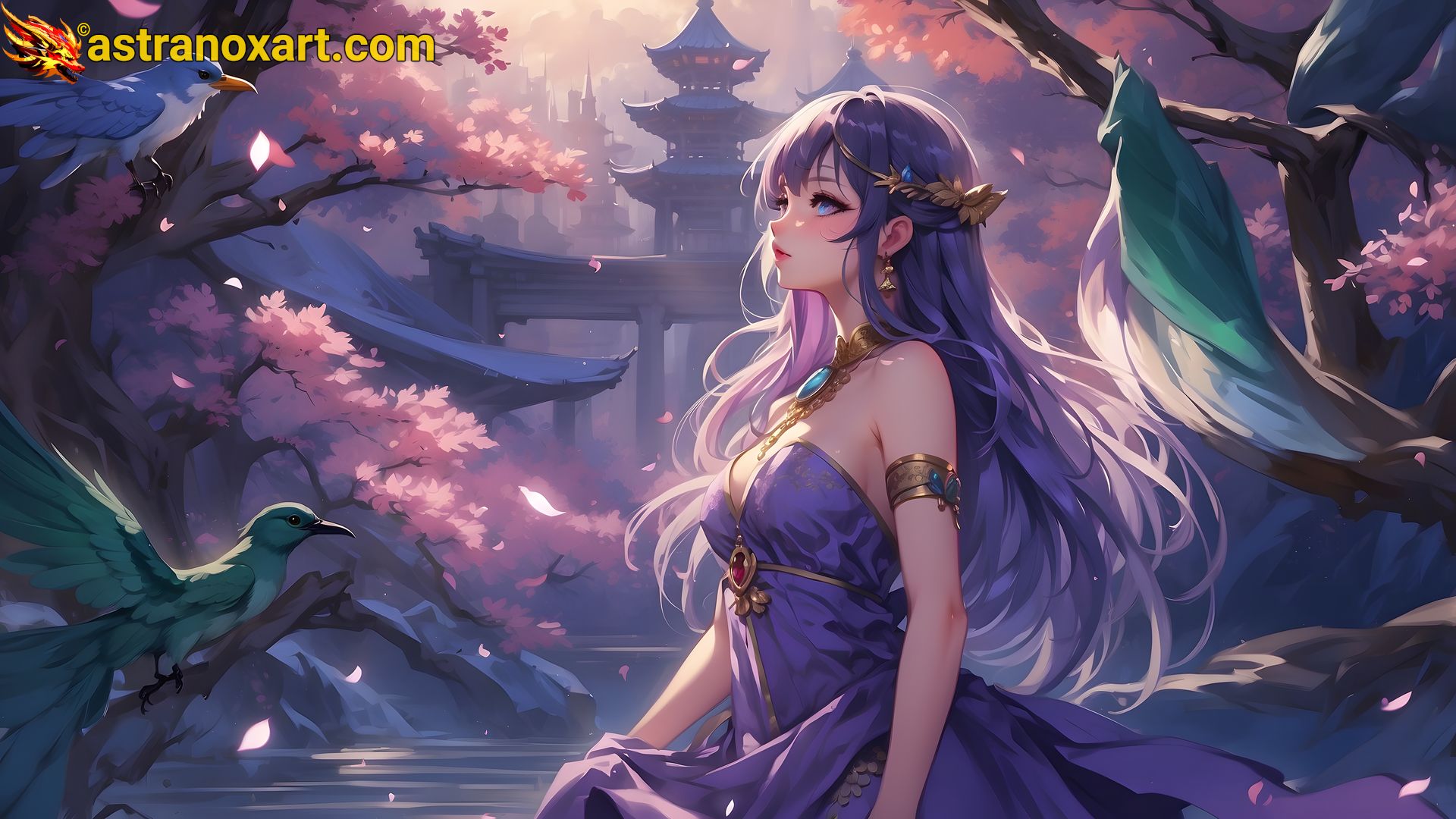 A captivating 4K wallpaper depicting a stunningly beautiful enchantress with origins in Scandinavia, Japan, and Egypt, clad in a manga-inspired dress of ethereal lilac and royal blue with glittering gemstones, standing amidst the shadowy Darknet Alley where hackers and data dealers trade illegal information. Astranox Art