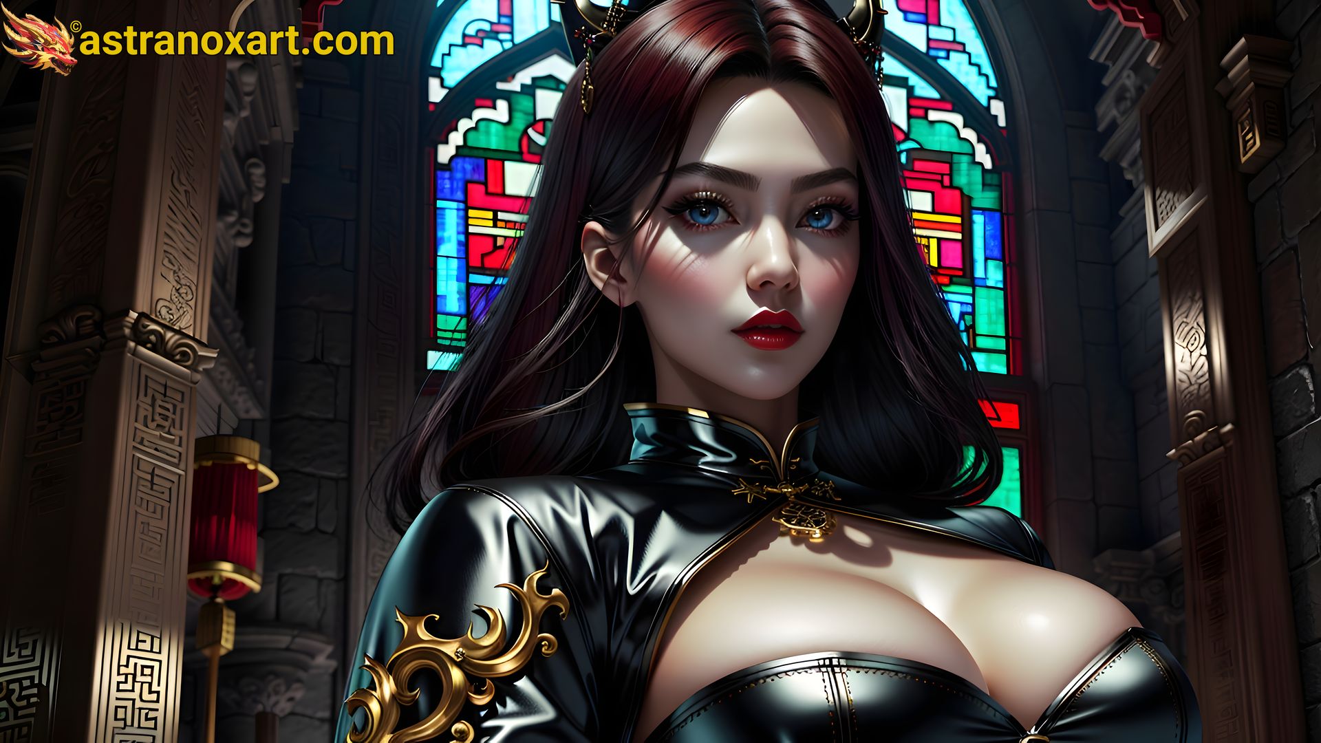 Captivating female warlock with blue eyes and burgundy hair, set against the backdrop of an urban fantasy castle - 4K fantasy wallpaper blending modernity and magic Astranox Art