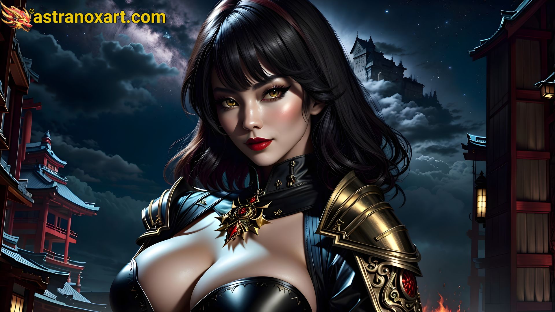 Striking female warlock with hazel eyes and side-swept bangs, set against an enchanting urban landscape during dusk - 4K fantasy wallpaper merging modernity with magic Astranox Art