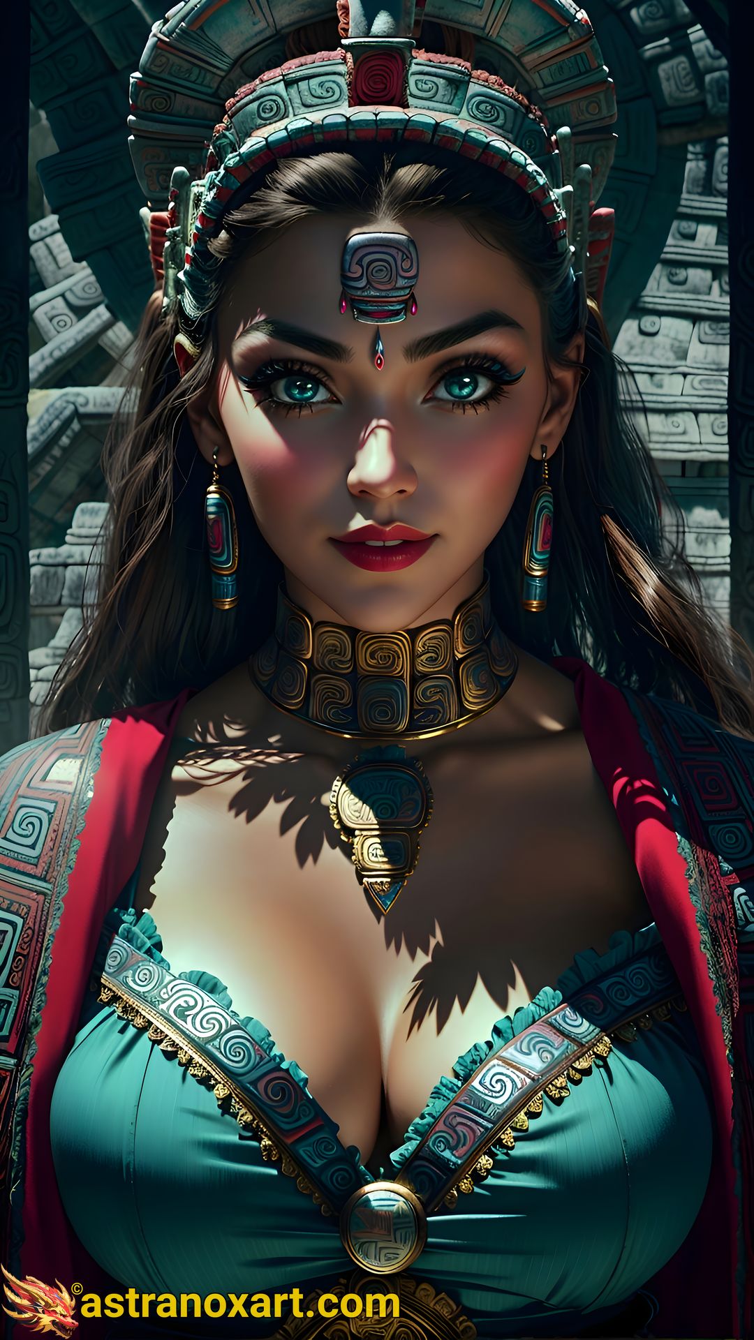 Captivating portrait of a female cleric with striking green eyes and beautiful brown beach waves, set in an urban temple - 4K fantasy portrait, a world of enchantment Astranox Art