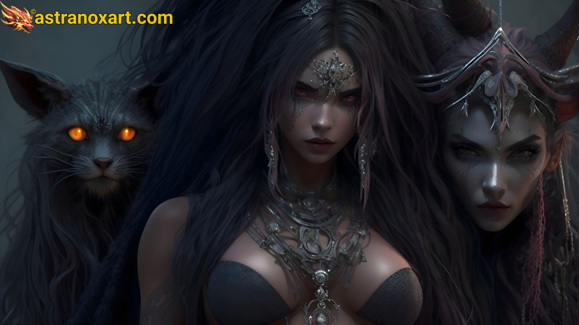 Discover the enchanting world of a female necromancer, her enigmatic companion, and an evil black cat in this 4K fantasy portrait. Lawful Evil and dark sorcery come to life in this mystical landscape Astranox Art