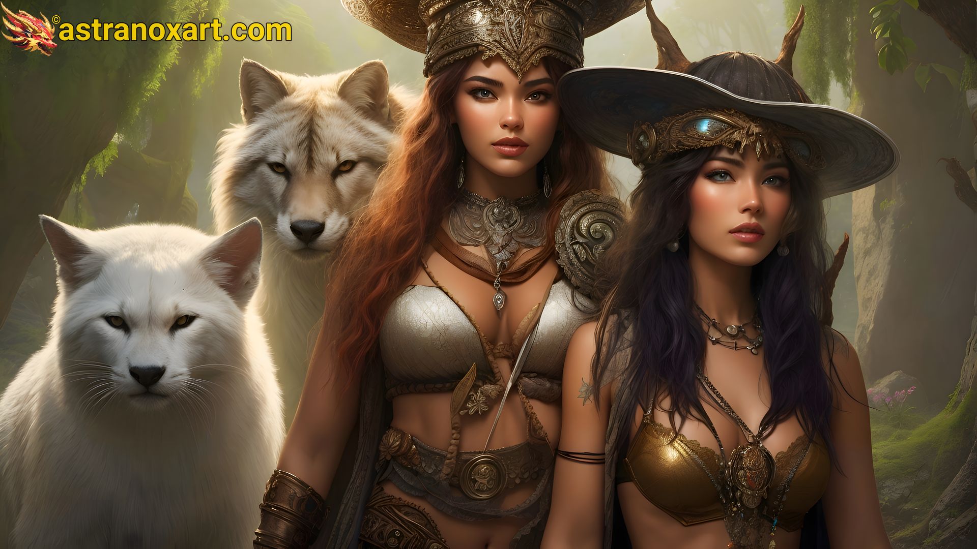 Female Mage and Hunter Ally with white wild cat and wolf - 4K Wallpaper Astranox Art