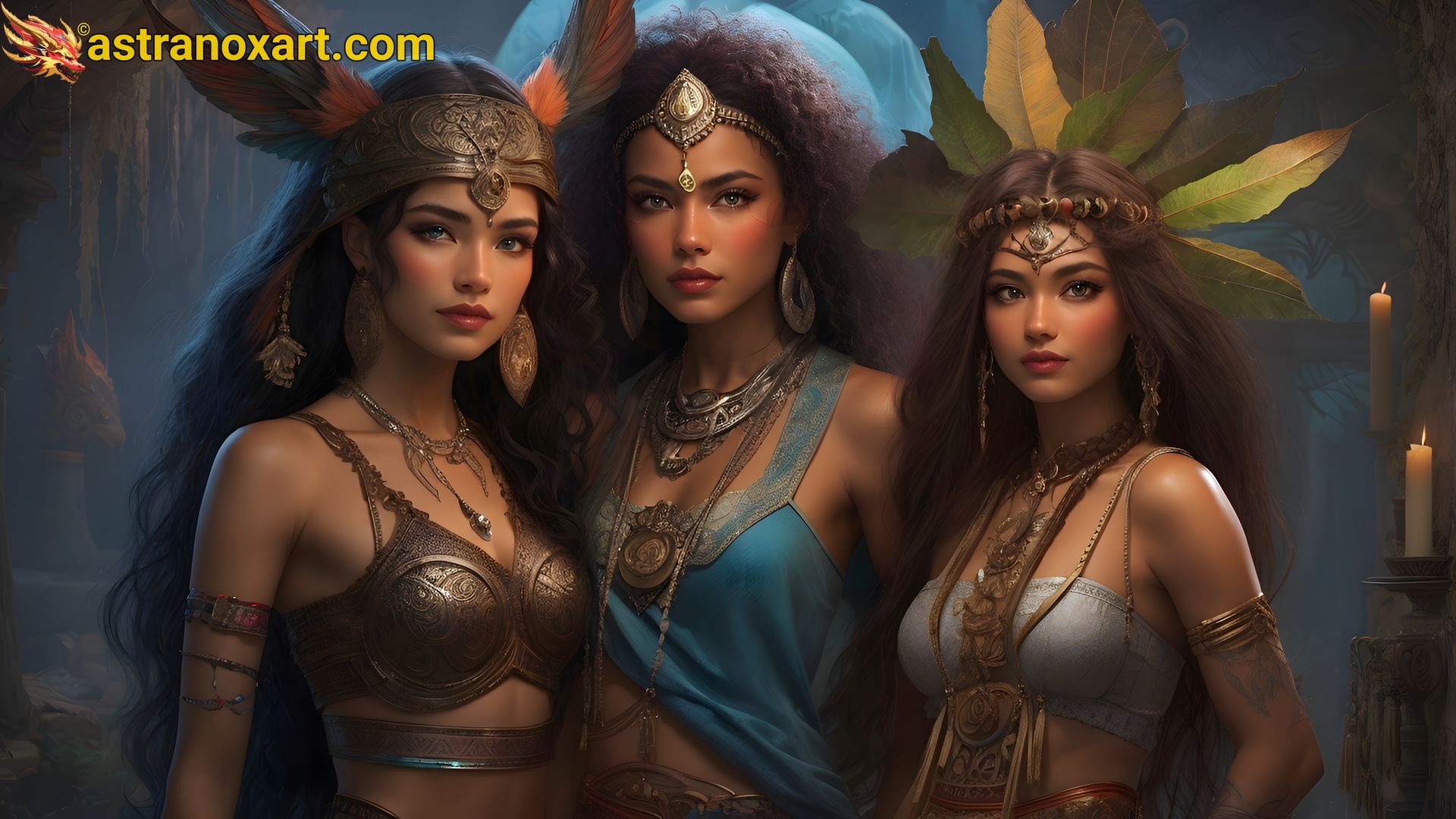 Captivating 4K wallpaper: Three enchanting witches, mystical cave, and a bond of supernatural allure and friendship Astranox Art