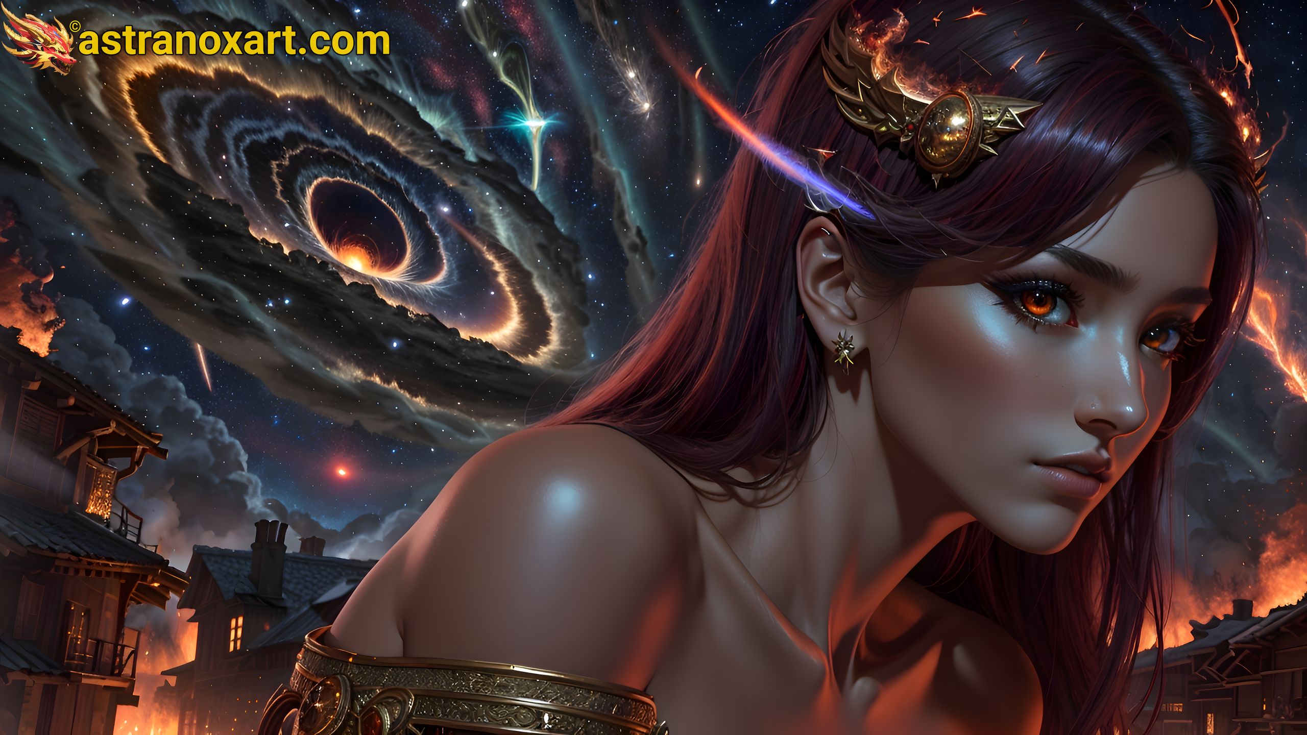 Mysterious female figure with fiery red eyes and burgundy hair amidst the bustling cityscape at dusk - 4K wallpaper capturing urban fantasy enchantment Astranox Art