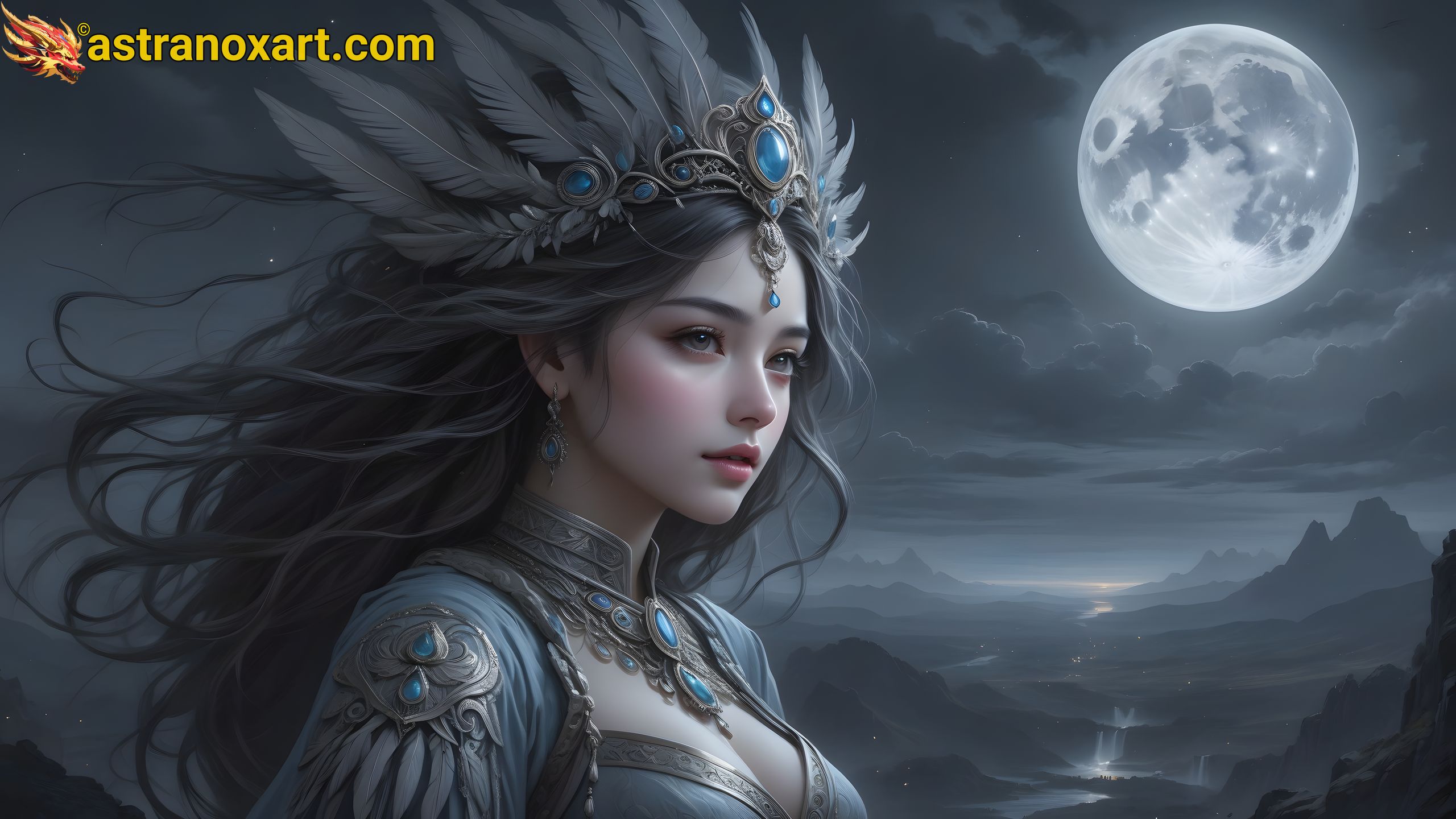 A female shaman stands in the Haunted Moorlands of the Moon in this captivating 4K wallpaper. Astranox Art