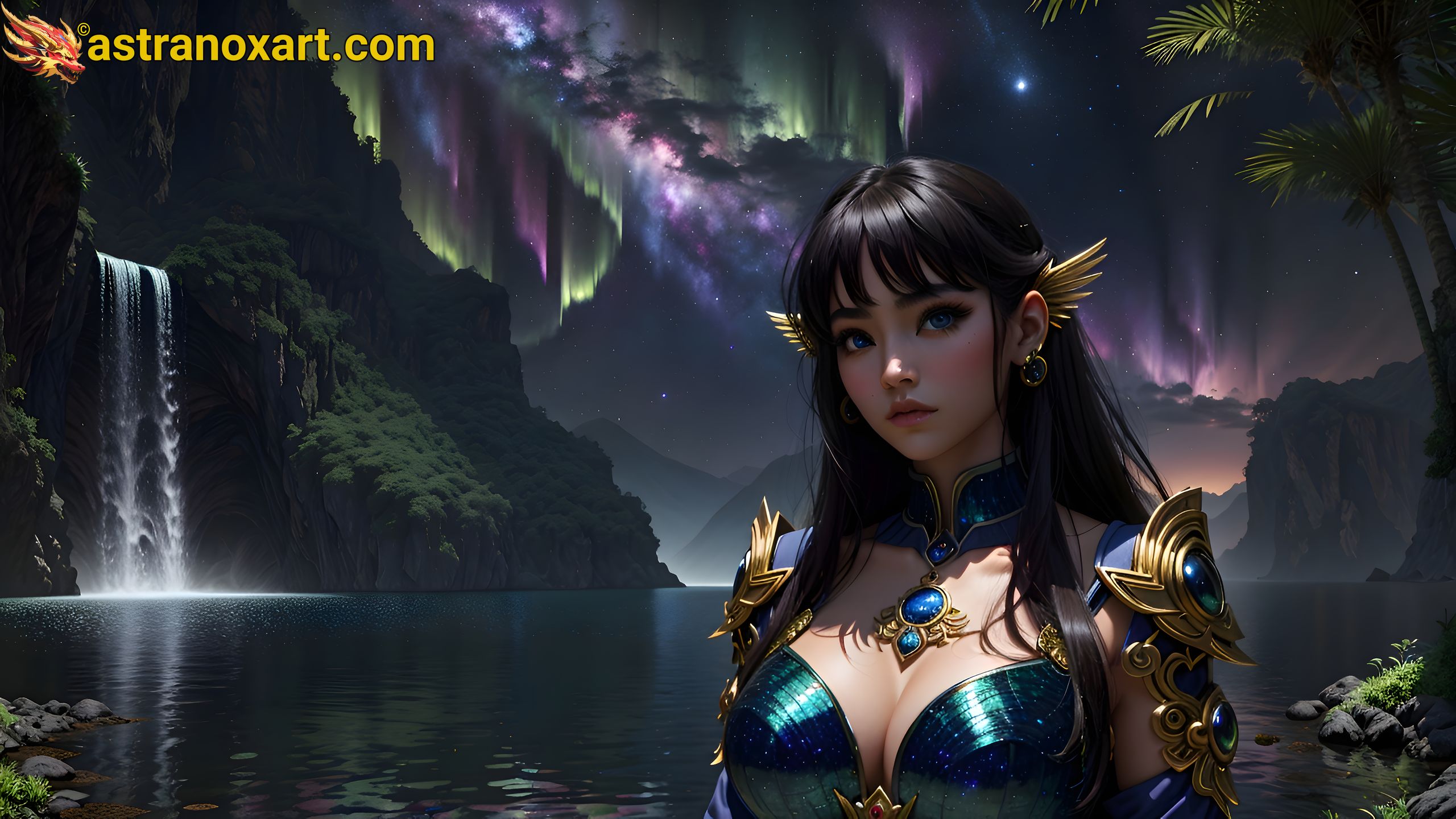 Mysterious female figure with blue eyes and side-swept black hair by a pristine waterfall at twilight - 4K wallpaper blending nature and fantasy Astranox Art