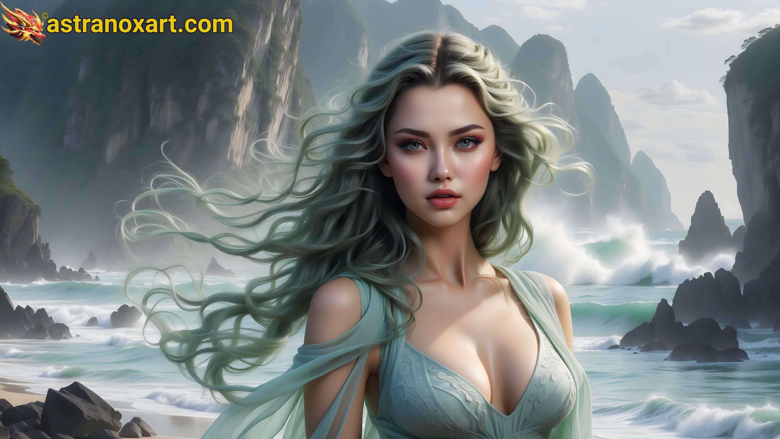 A seafoam-haired sorceress casting spells amidst the misty cliffs of a spectral coastline in this 4K wallpaper. Astranox Art