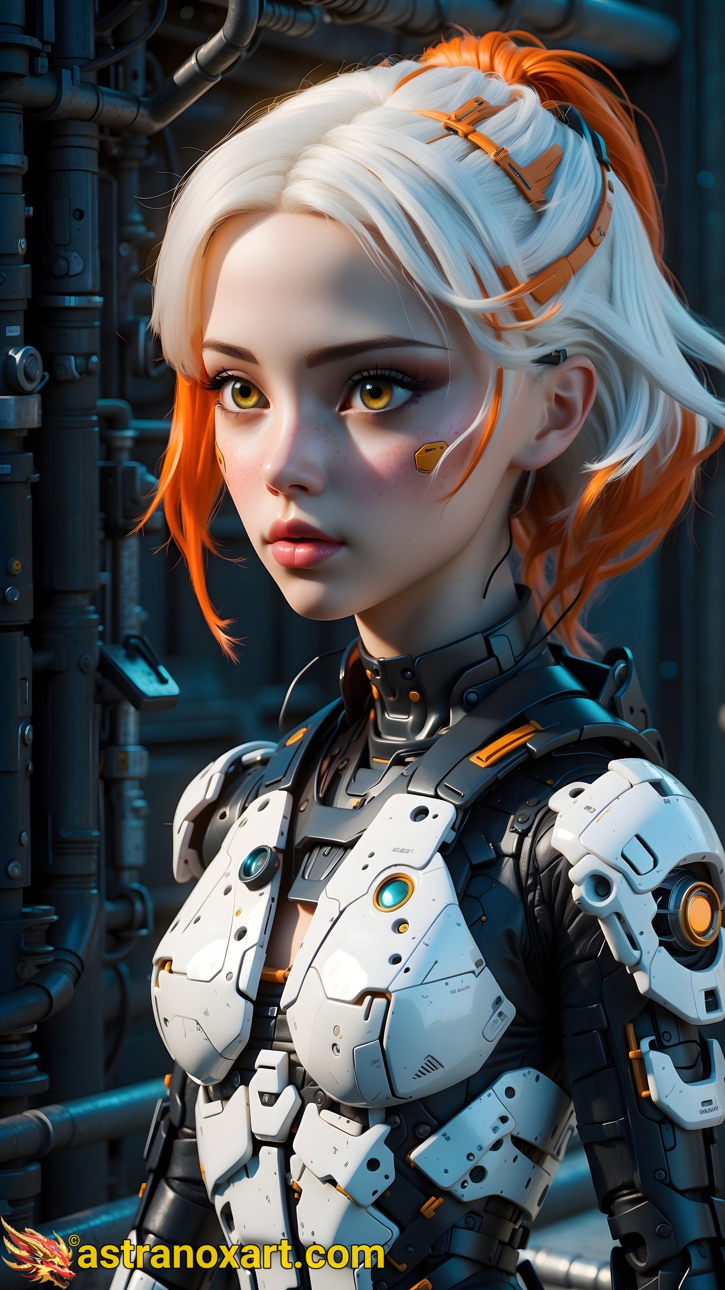 Female cyborg warrior with platinum hair and orange highlights. Hazel eyes pierce the darkness of Biohazard Alley. Cybernetic enhancements make her deadly in dangerous futuristic fashion district. Advanced appearance complements high-tech abilities. Technology reigns supreme, sleek lines, ethereal neon glow, force to be reckoned with. Astranox Art