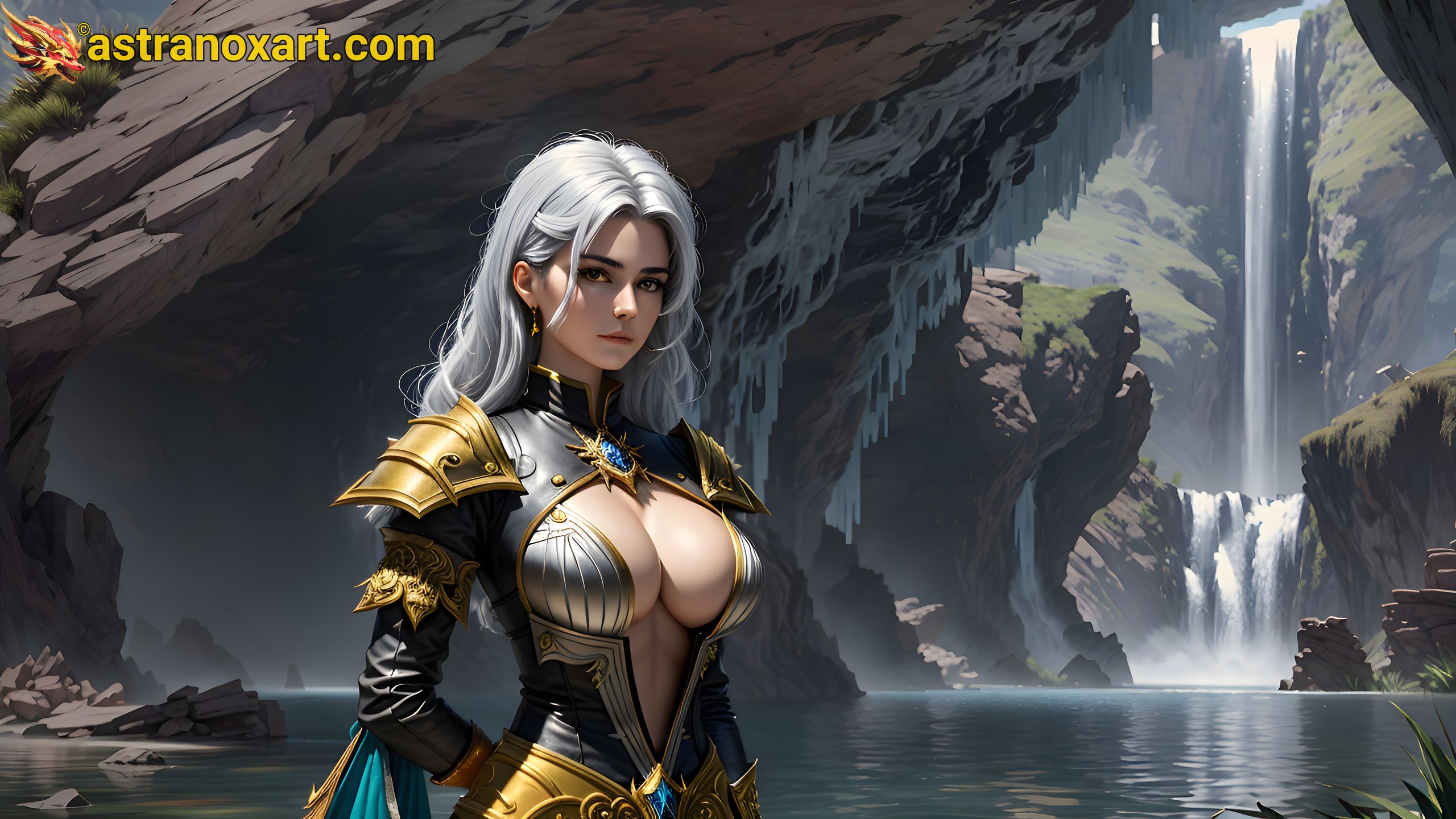 Powerful warlock with grey eyes and silver hair by the lakeside in the gentle light of daytime - 4K fantasy wallpaper capturing the essence of magic Astranox Art