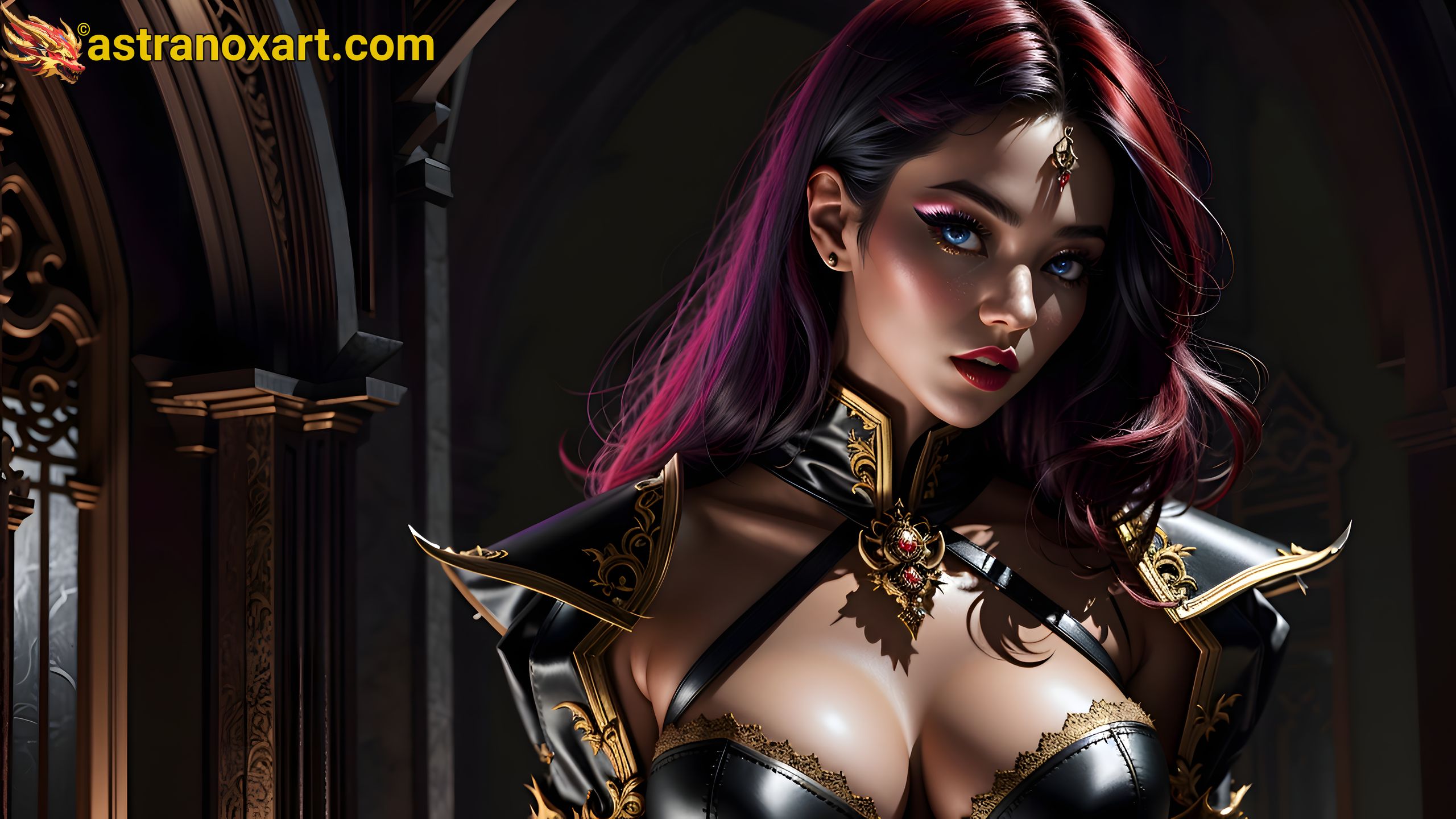 Powerful female warlock with blue eyes and multiple-colored hair stands as the embodiment of magic in the backdrop of a majestic castle - 4K fantasy wallpaper capturing the essence of enchantment and mystique Astranox Art