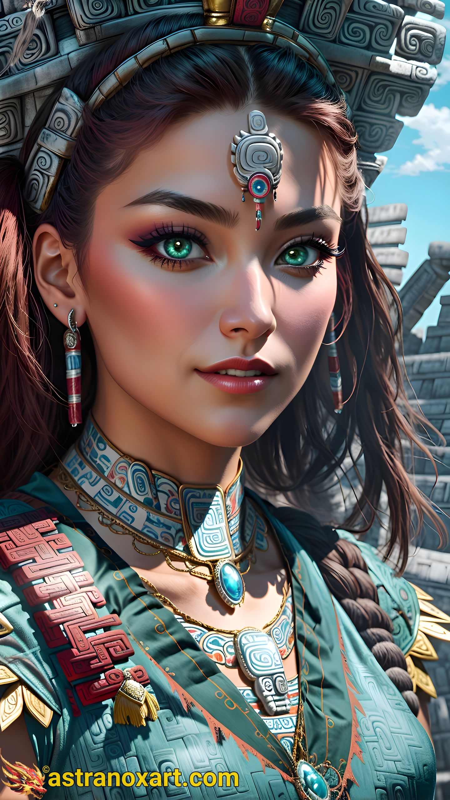 Stunning portrait of a female cleric with captivating green eyes and rich burgundy beach waves, set in an urban temple at daytime - 4K fantasy portrait, a world of enchantment Astranox Art