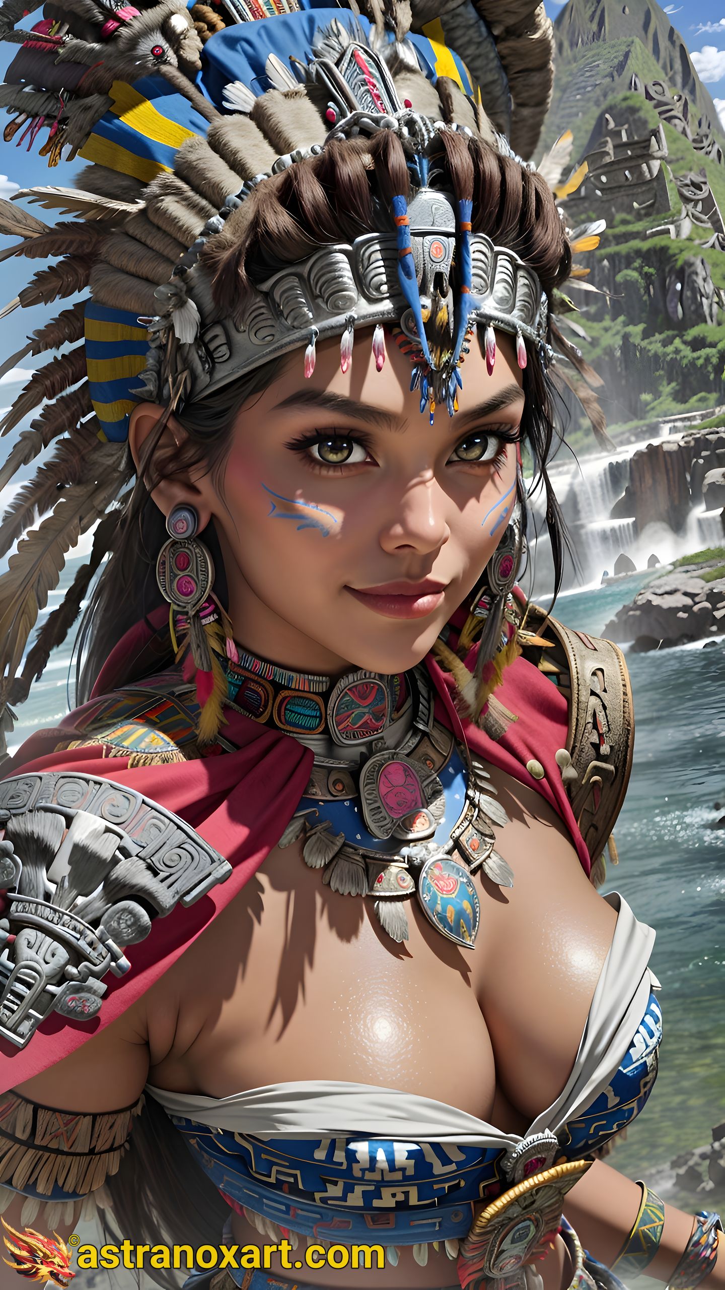 Mystical portrait of a female Shaman with captivating hazel eyes and straight black hair against the tranquil river in the daytime - 4K fantasy portrait, an invitation to discover the unknown and embrace mystery Astranox Art