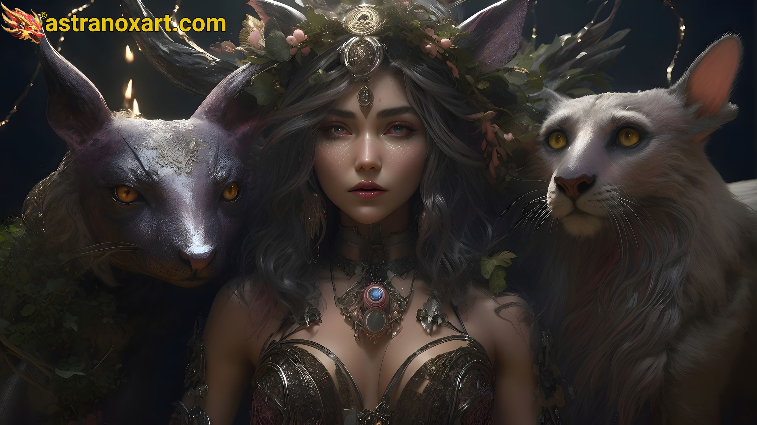 Mysterious portrait of a female Druid with striking grey eyes and flowing beach wave grey hair in a captivating landscape. Explore a world of fantasy, mystery, and enchantment with this 4K fantasy portrait Astranox Art