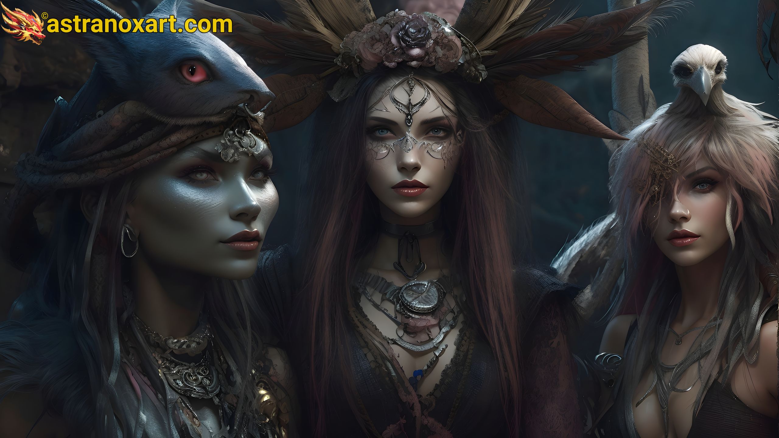 Immerse in a fantasy world with a female necromancer, a female shaman, and a whimsical witch. True Neutral alignment adds depth to the tale. Enchanted Fantasy Wallpaper with an air of mystery Astranox Art