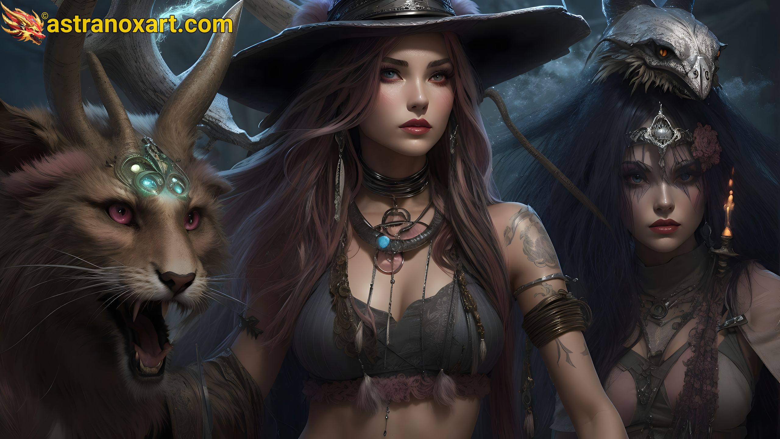 Enter a world of magic with a powerful witch, her mythical feline companion, and a mysterious necromancer. Lawful Neutral alignment sets the tone. Mystical Witch Wallpaper with an air of enchantment Astranox Art