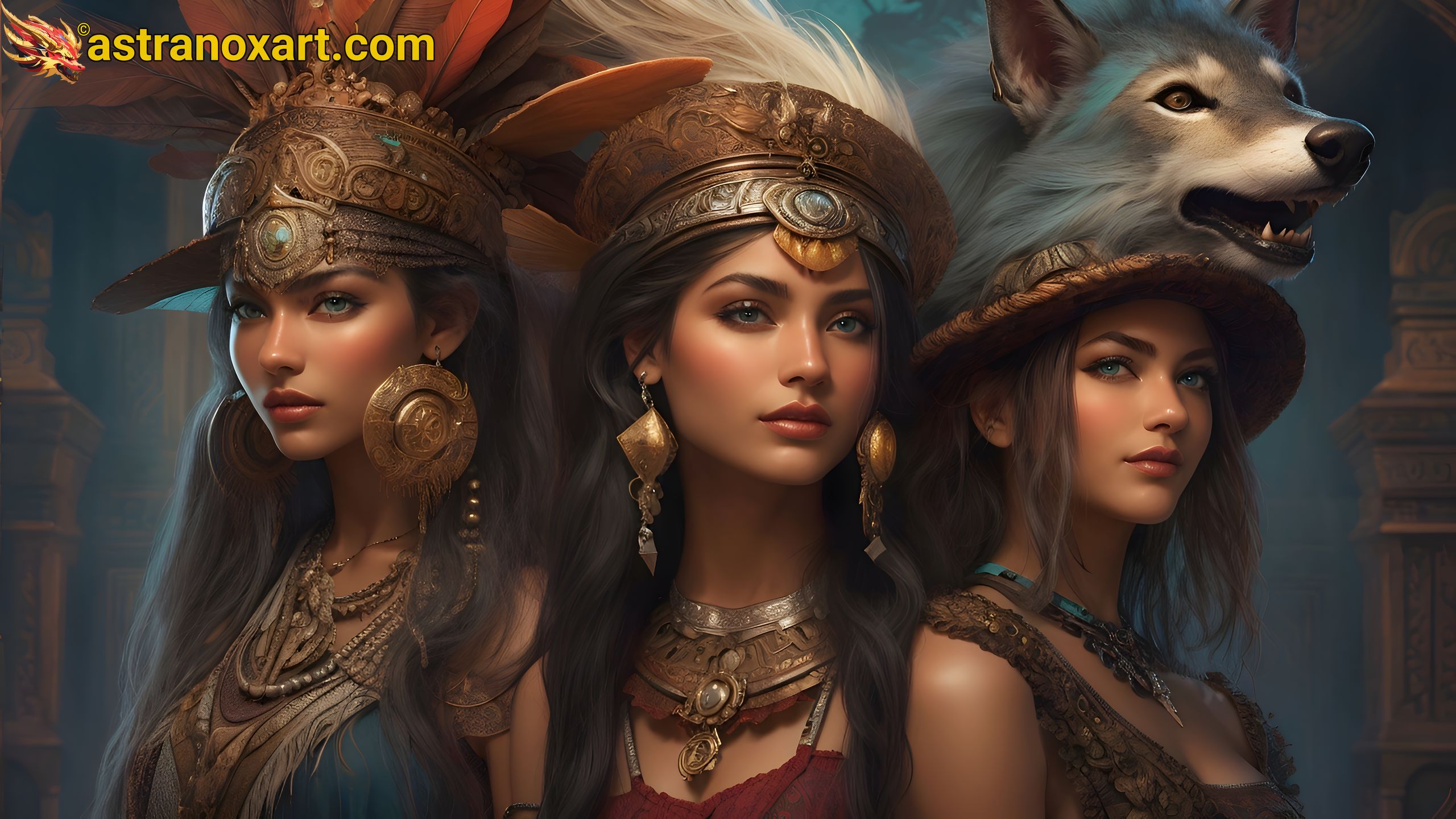 Enchanting 4K Wallpaper: Three captivating female characters in a mesmerizing scene Astranox Art