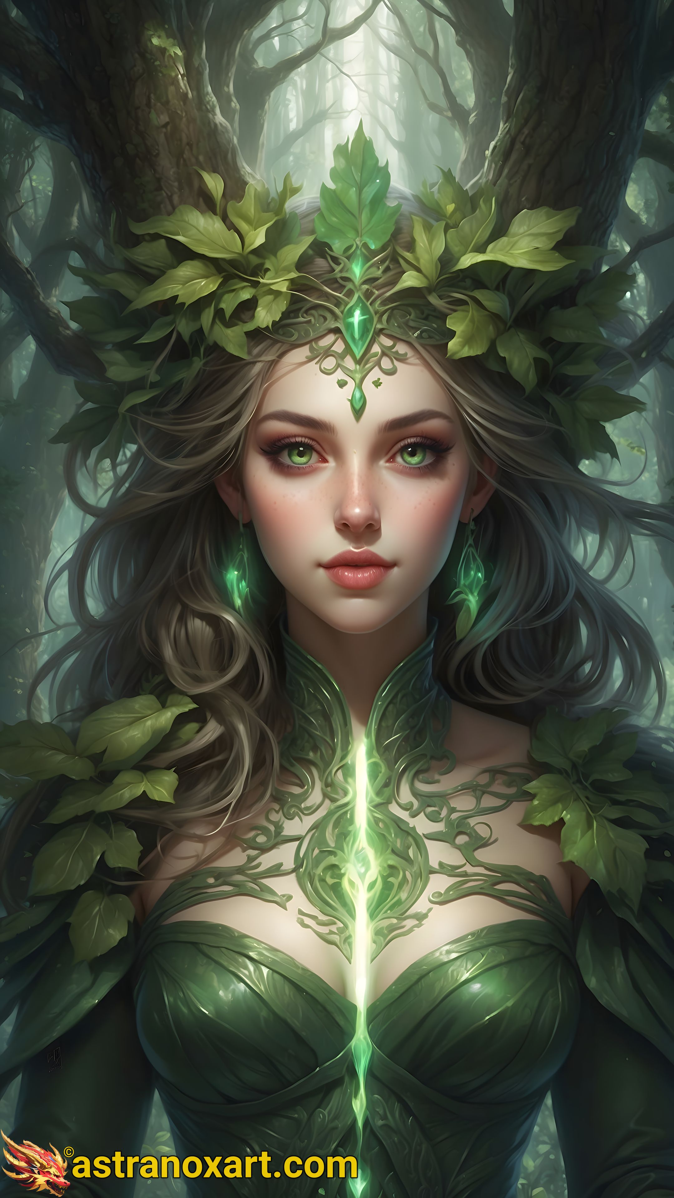 4K Wallpaper: Female druid adorned with vines and greenery, communing with nature in a mystical forest. Astranox Art