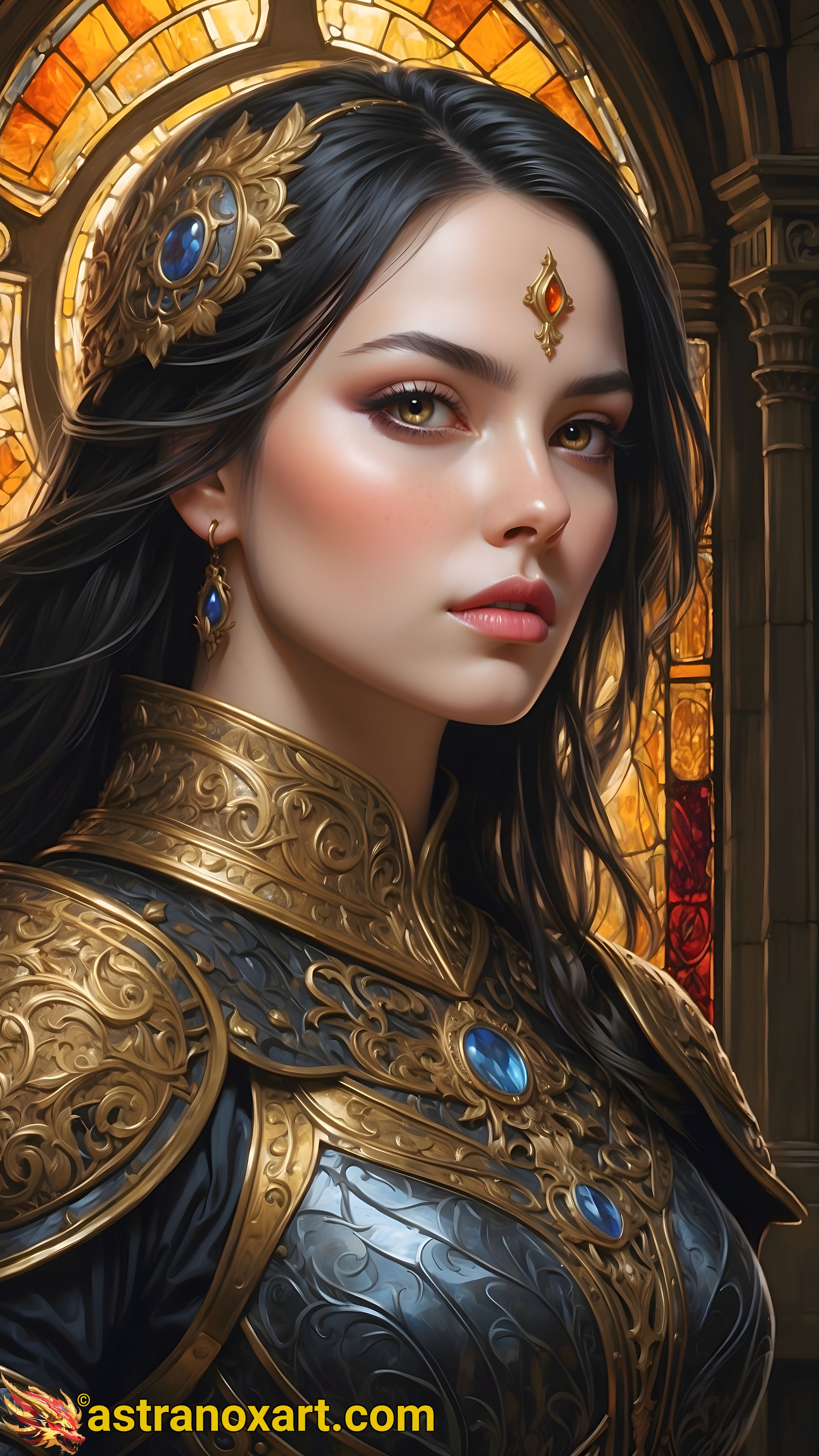 A powerful female warrior stands in the opulent halls of a gothic castle in this 4K wallpaper. Astranox Art