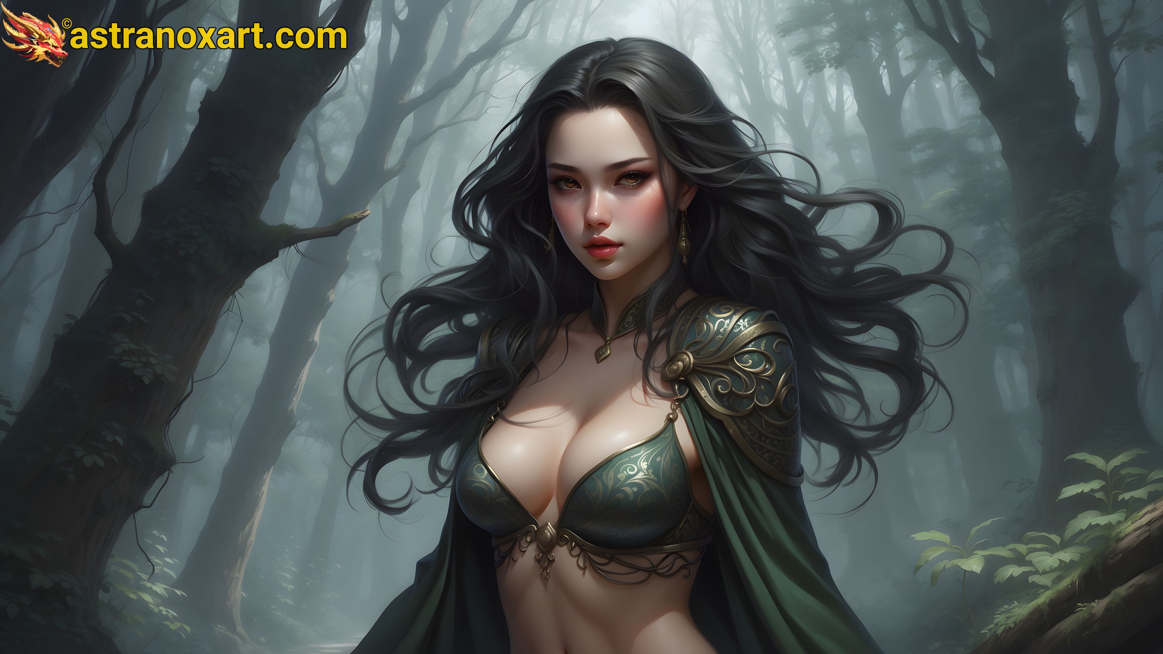 In this 4K wallpaper, a shadow sorceress communes with dark spirits in the cursed forest, her forest-green hair blending with shadows. Astranox Art