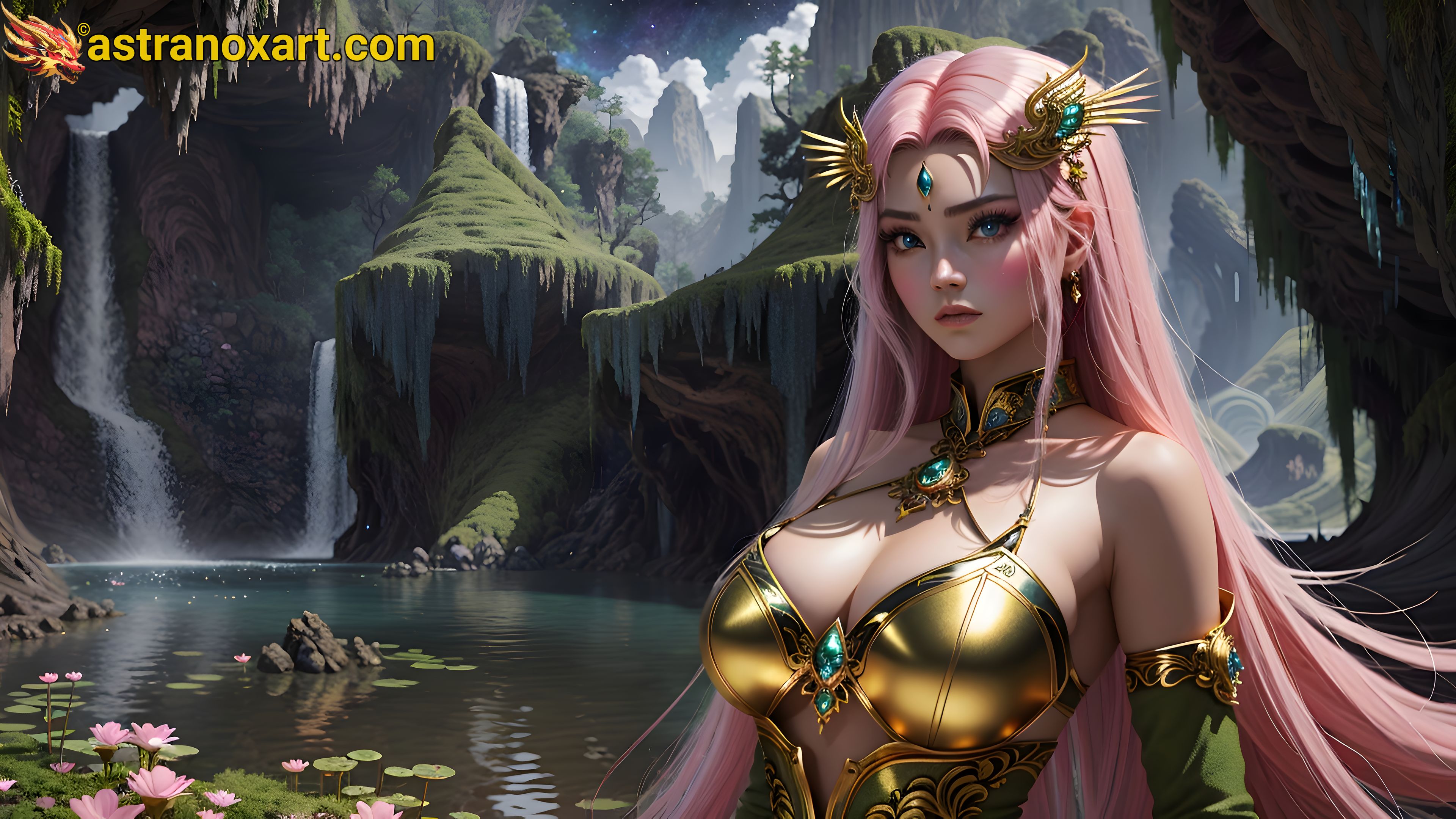 Sorceress with striking blue eyes and pink hair by a tranquil pond in Asia at dusk - 4K fantasy wallpaper capturing the essence of enchantment Astranox Art