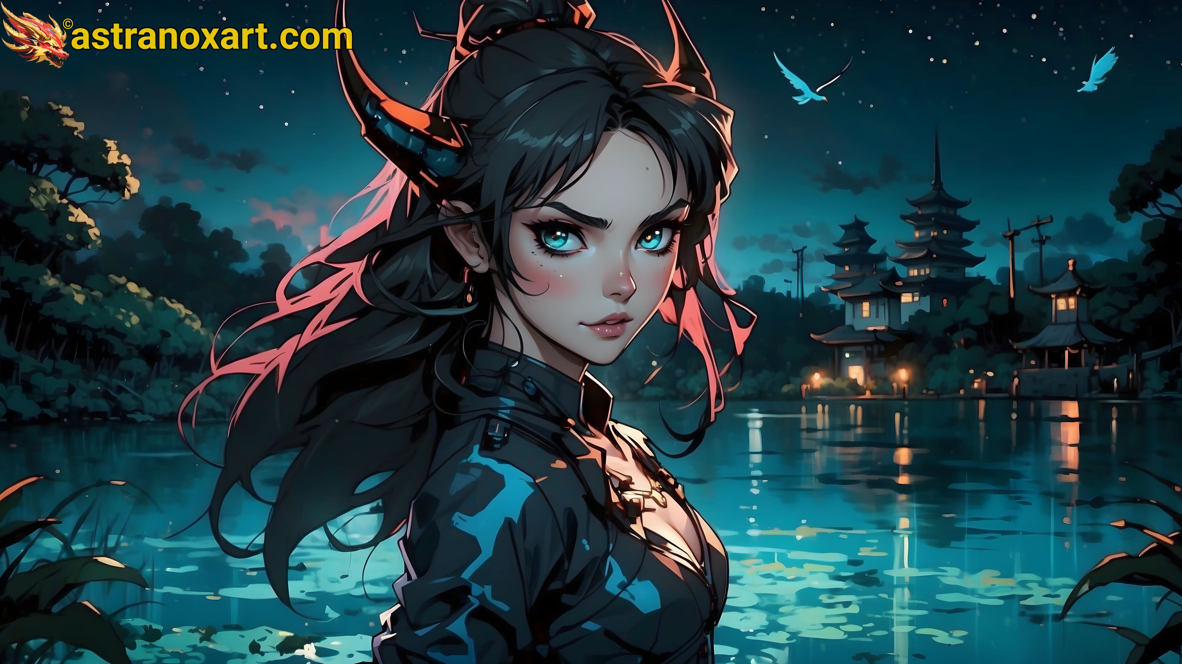 The enigmatic beauty of a demonologist in the bioluminescent glow of the Luminous Lagoon: A fantasy world in 4K resolution that captivates with detail and allure. Astranox Art