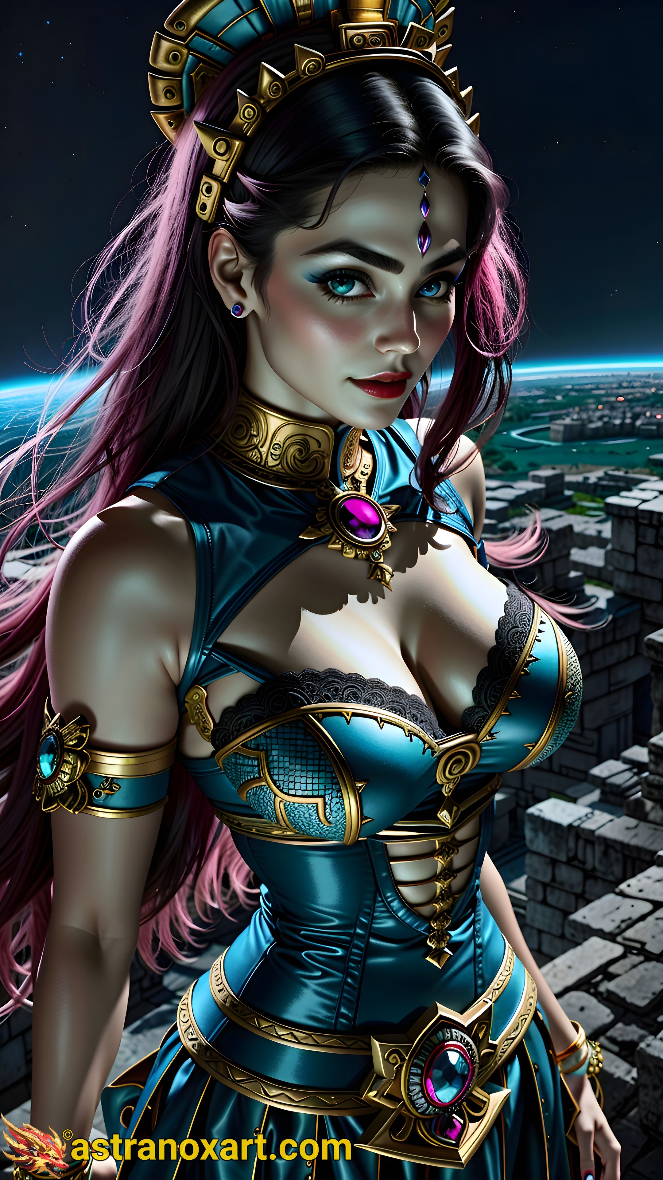 Stunning portrait of a female cleric with heterochromia eyes and curly purple hair in an urban dusk setting - 4K fantasy portrait, a vision of enchantment Astranox Art