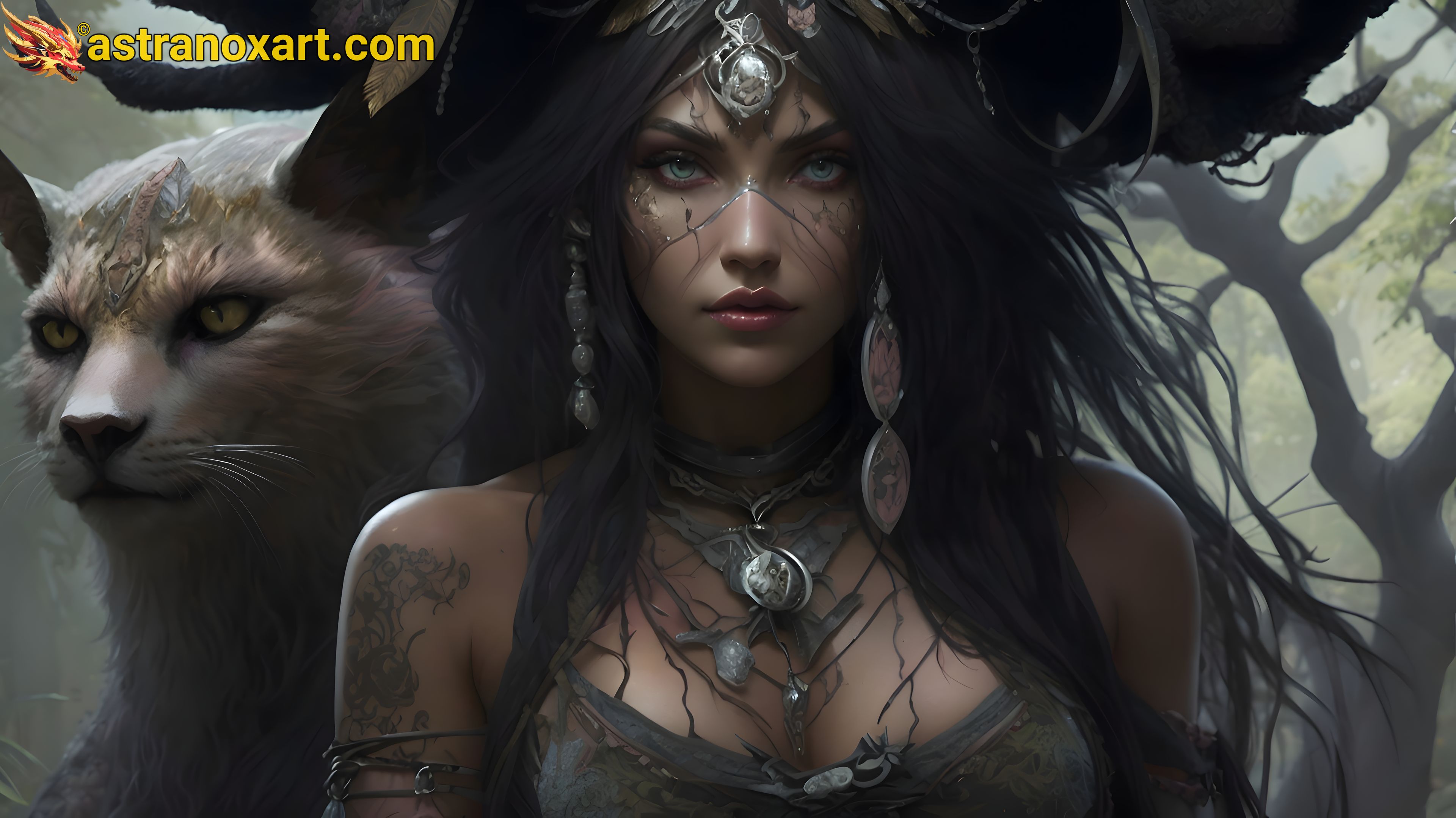 Enchanting Female Druid with Black Hair and Mythical Feline Companion in a Mystical Forest - Fantasy Wallpaper Astranox Art