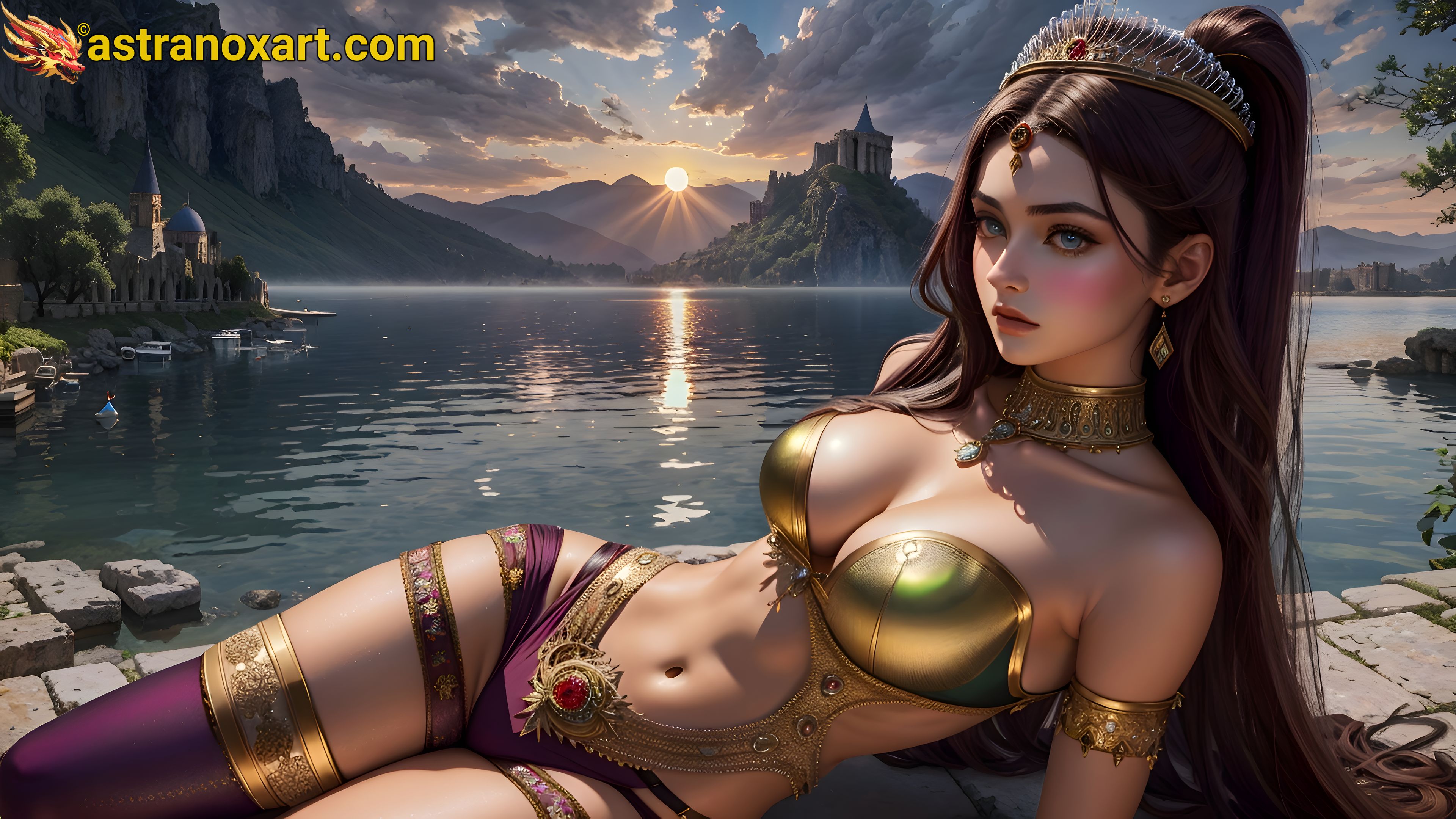 Mysterious woman by the tranquil lakeside at sundown - 4K wallpaper blending elegance and charm Astranox Art