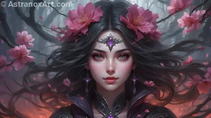 4K Wallpaper: Female sorceress weaves dark magic amidst cherry blossoms in Abyssal Bloom Valley.