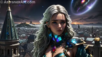 Powerful sorceress with blue eyes and curly silver hair in an urban fantasy landscape at sundown - 4K wallpaper blending magic and modernity