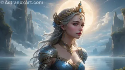 Stunning female cleric by a shimmering lake under a jaw-dropping celestial ballet, a captivating 4K wallpaper.