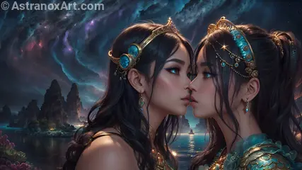 Two girls in love share a starlit kiss by the lake under the night sky - Fantasy 4K wallpaper