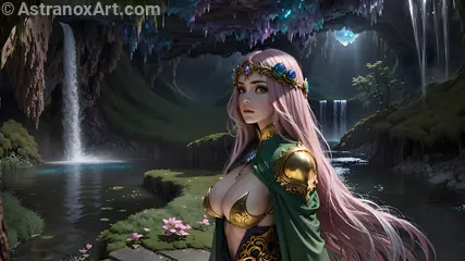 Sorceress with heterochromia eyes and pink hair in a mystical cave at daylight amidst the Americas' landscapes - 4K fantasy wallpaper capturing the essence of enchantment.