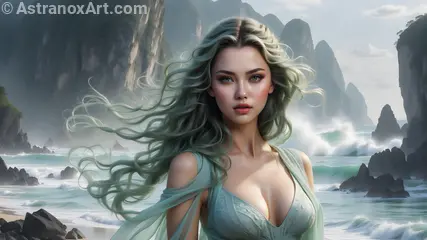 A seafoam-haired sorceress casting spells amidst the misty cliffs of a spectral coastline in this 4K wallpaper.