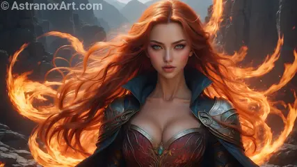 A mesmerizing portrait of a flame-haired enchantress in a cursed valley, her fiery hair reflecting the glow of powerful flames in this 4K wallpaper.