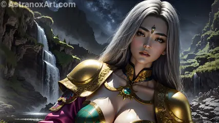 Fearless warrior by an enchanted waterfall at dusk, embodying power and strength - Fantasy HD 2K 4K wallpaper