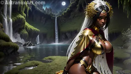 Enigmatic sorceress by a cascading waterfall at dusk, radiating enchantment and magic - Fantasy HD 2K 4K wallpaper