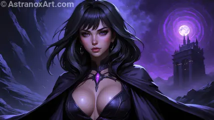 A mesmerizing 4K wallpaper featuring a shadow sorceress practicing her dark arts amidst the Obsidian Spire of Nocturna.