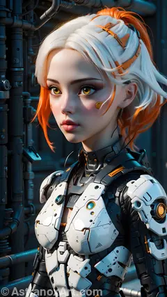 Female cyborg warrior with platinum hair and orange highlights. Hazel eyes pierce the darkness of Biohazard Alley. Cybernetic enhancements make her deadly in dangerous futuristic fashion district. Advanced appearance complements high-tech abilities. Technology reigns supreme, sleek lines, ethereal neon glow, force to be reckoned with.