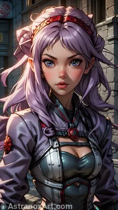 Cleric with purple hair and blue eyes navigates the Underground Network, a place for rebels to evade authorities. In vibrant outfit, she's confident and strong; magic is key in her fight against enemies. A world of conflict, betrayal, shadows, & despair but hope for redemption.