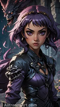 Anime-style female assassin with purple hair and eyes stands ready for action, backed by demonic dragon, in front of Shadowed Citadel fortress in dark fantasy wallpaper.