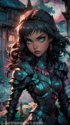 Knight amidst perpetual twilight, standing tall with teal eyes and black hair. Armor shimmering with mystery, protecting village from shadowy creatures, bringing hope to despairing inhabitants of Grimm Hollow.