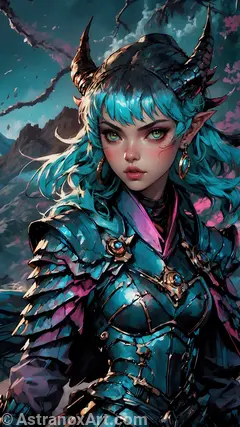 Horned female demon warlock with teal hair and green eyes in Nightmare Peaks landscape wearing sophisticated armor. Stunning 4K wallpaper for fans of dark fantasy and anime art.