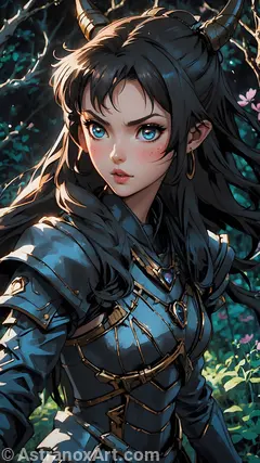 A female druid in black leather armor stands amidst a mystical, primeval forest with ghostly limbs and enchanting creatures. She communicates with the natural world around her, embodying elegance, sophistication, and mystique.