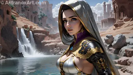 Warlock with blue eyes and black hair overlooking a captivating cityscape by the waterfront in the Middle East at daytime - 4K fantasy wallpaper capturing the essence of magic