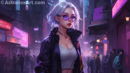 A breathtakingly detailed and atmospheric 4K wallpaper depicting a stunningly beautiful and attractive young woman with platinum hair and an athletic physique walking through a busy Cyberpunk city alleyway filled with neon signs and people.